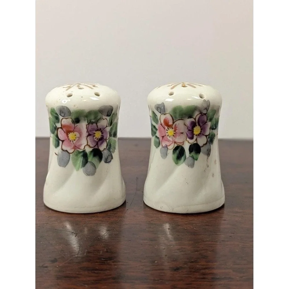 Vintage Hand Painted Japan Floral Porcelain Salt Pepper Shakers Cork Stopper